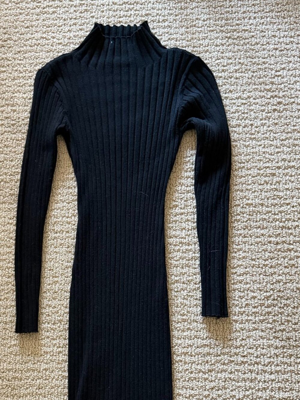 Black Ribbed Turtleneck Sweater Dress - Fitted Midi